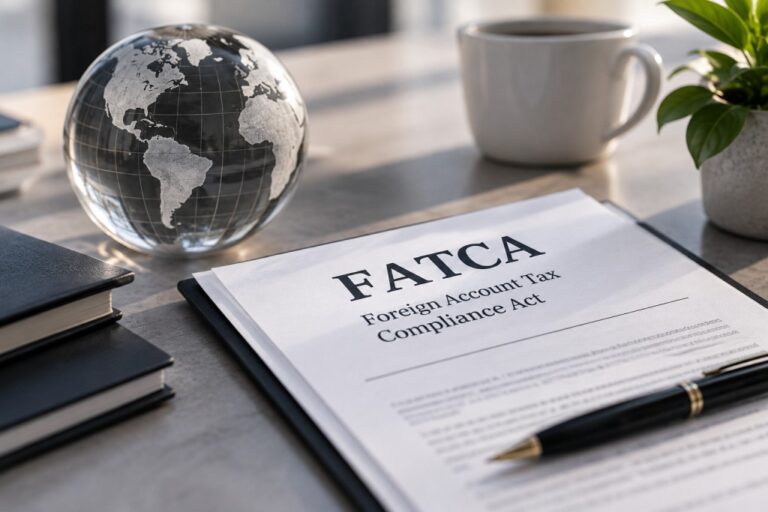 FATCA, Foreign Account Tax Compliance Act, Dokument auf einem Schreibtisch mit Globus