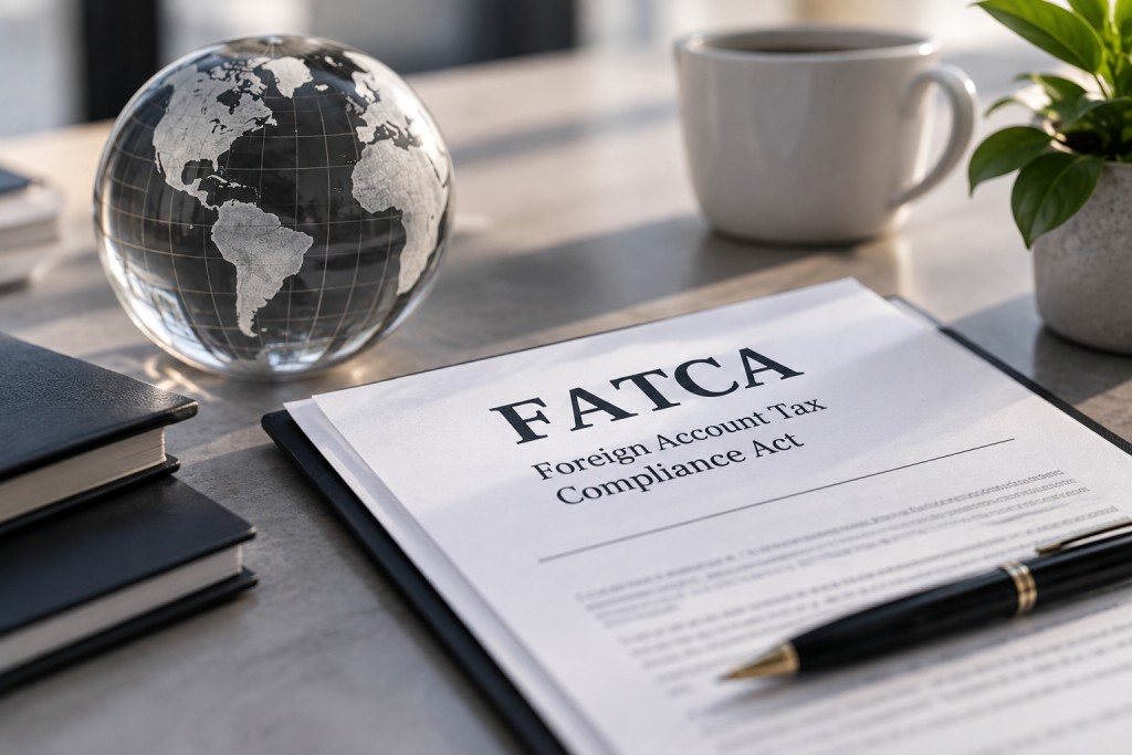 FATCA, Foreign Account Tax Compliance Act, Dokument auf einem Schreibtisch mit Globus